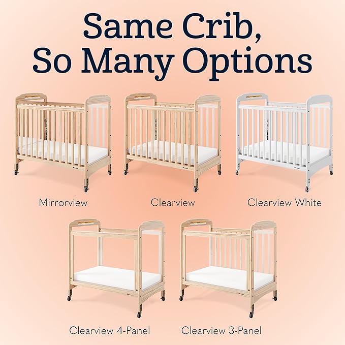 Foundations Serenity Compact Clearview Daycare Crib, Fixed Side, Durable Wood Construction, Non-Marking Casters (2 Locking), Includes 3” InfaPure Foam Mattress (Natural)