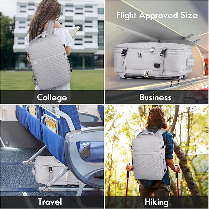 MOMUVO Large Travel Backpack Women, Flight Approved Carry On Backpack, Water Resistant Anti-Theft Large Casual Daypack Fit 17 Inch Laptop with USB Charging Port, Grey