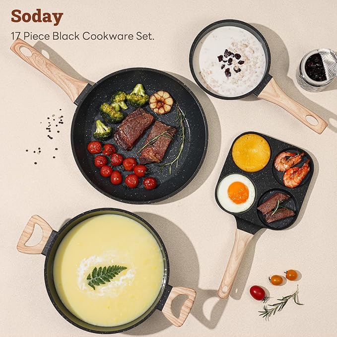 17 Pcs Pots and Pans Set Non Stick Kitchen Cookware Sets Nonstick Induction Cookware Non-toxic Black Granite Cooking Tools with Stay-Cool Handles, Pot Protectors (PFOS/PFOA Free)