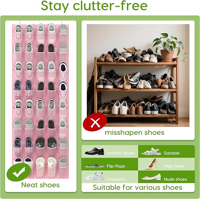 Unjumbly Over the Door Shoe Organizer with 40 Large Breathable Mesh Pockets, Space Saving Shoe Holder, Hanging Shoe Rack for Entryway Bedroom Closet Storage (Pink, 40 Pockets)