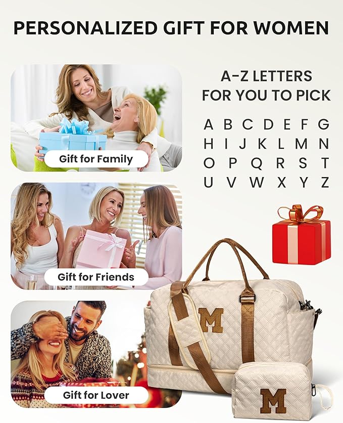Gifts for Sister-Initial Duffle Bag with Shoe Compartment, Personalized Weekender Bag, Monogram Overnight Bag, Letter Travel Bag with Makeup Bag,Sister Friend Girlfriend Gifts (Letter N)