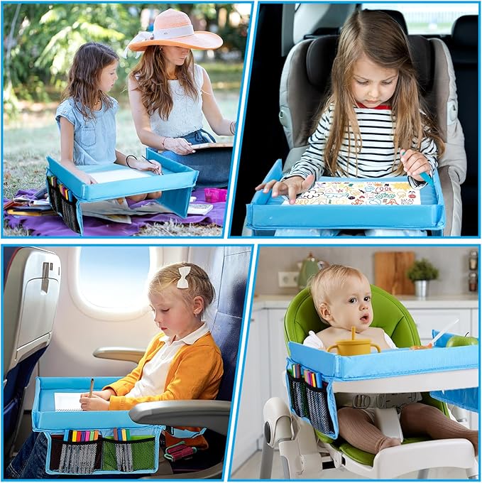 Children Auto Lap Pad - Travel Tray Tablet Holder,Car Seat Lap Tray for Toddlers, Kids,Use on Airplanes, Road Trips, Lap Desk,Tablet Holder and Carry Bag (Blue)