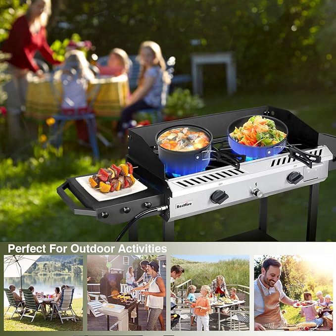 Bestfire 2 Burner Propane Stove Outdoor Camping Gas Stoves 150,000 BTU Auto Ignition with Regulator and Side Shelves Perfect for Patio Home Cooking and Frying