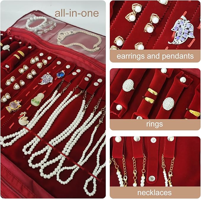 Velvet Travel Jewelry Case Roll Bag Organizer for Necklace Bracelet Earrings Ring (Black) (Burgundy)
