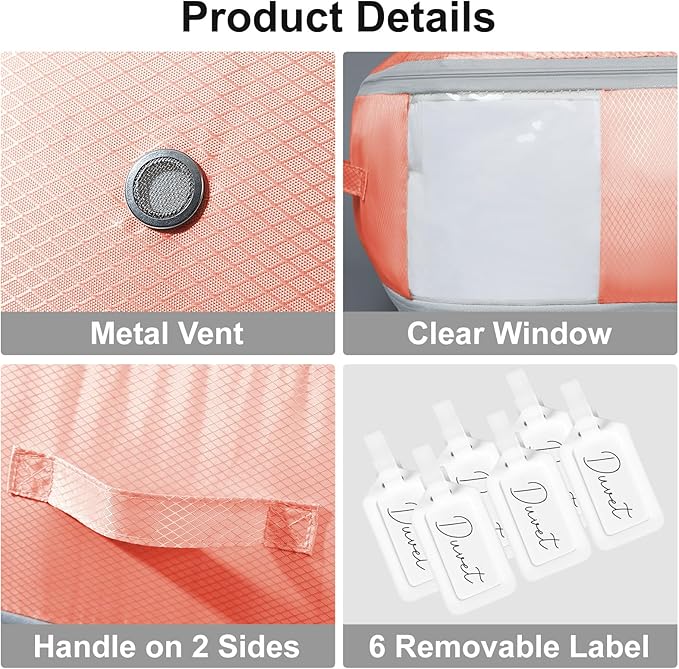 Comforter Storage Bag - Large Capacity Blanket Storage Bags 3-Layer Ultra Space Saving Self Compression Organizer, Washable Compression Bags for Storage Comforter Blanket, 6-Pack, Pink