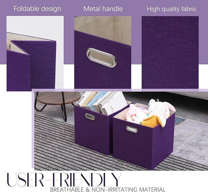 Collapsible Basket Fabric Foldable Box with Handles, 13x13 Cube Storage Bins Set of 4, Thick and Heavy Duty Storage Baskets for Shelves Bedroom Livingroom,Purple