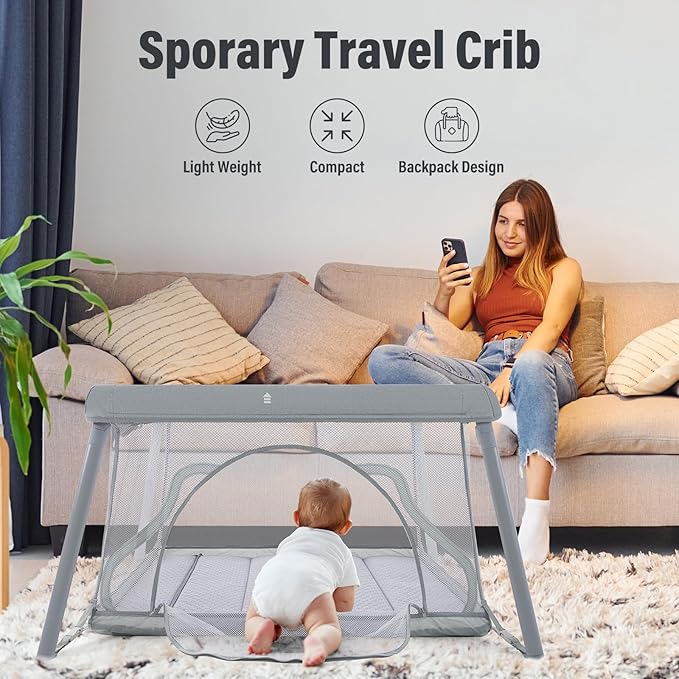 Travel Crib,Portable Crib for Baby, Pack and Play for Babies and Toddler, Lightweight Backpack Design,Foldable Travel Baby Playpen with Mattress(Light Grey)