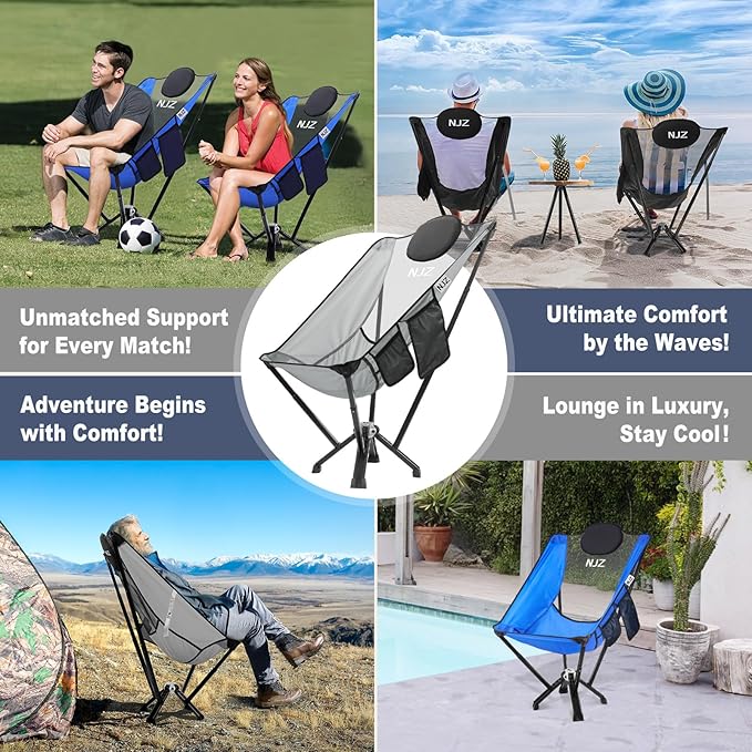 High Back Camping Folding Chairs - 600 LBS Capacity Heavy Duty Camping Chair with Comfortable Backrest & Headrest, Quick Setup - Compact Camp Chair for Picnic, Fishing, Beach, Lawn - Silver