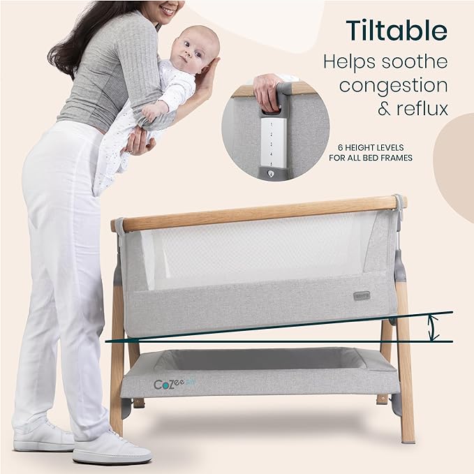 CoZee® Air Baby Bassinet & Bedside Sleeper - Rocking Bassinet for Baby, Fast-Folding with Travel Bag, Deluxe Airflow Mattress & 6 Mattress Heights, 0-6 Months (Silver & Oak)