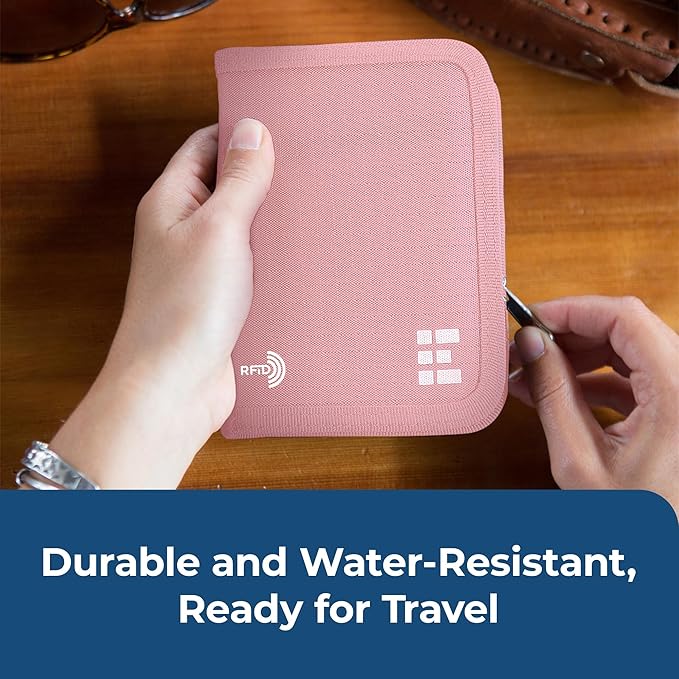 Passport Holder & Travel Wallet with RFID Blocking - Premium Document Organizer Case for Men and Women - Holds Passports, Cards, Tickets, ID, Cash - Compact Zippered Wallet - Rose