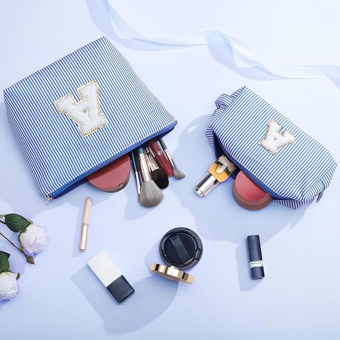 YOOLIFE Personalized Gifts for Women, Initial Makeup Bag with Makeup Pouch Cosmetics Organizer Bag Cute Makeup Bag Wedding Mothers Day Gifts Wedding Gifts for Sister Wife Friend Female Mom Blue N