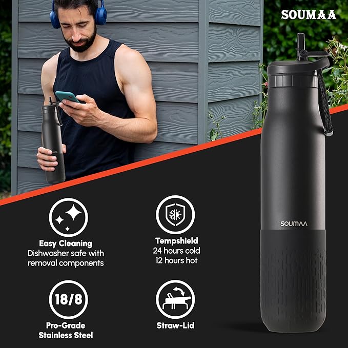 Insulated Stainless Steel Water Bottles with Straw, Wall Vacuum Insulated Water Bottle with Straw for Gym Traveling Camping Hiking Outdoor Activity(2 Cleaning Brushes+1 Carabiner, 26 oz Black)