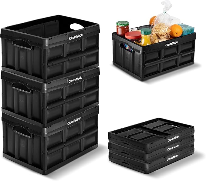 CleverMade Collapsible Storage Bins - Obsidian 3 Pack 32L - Stackable Containers Heavy Duty Capacity Folding Crates - Space-Saving for Home