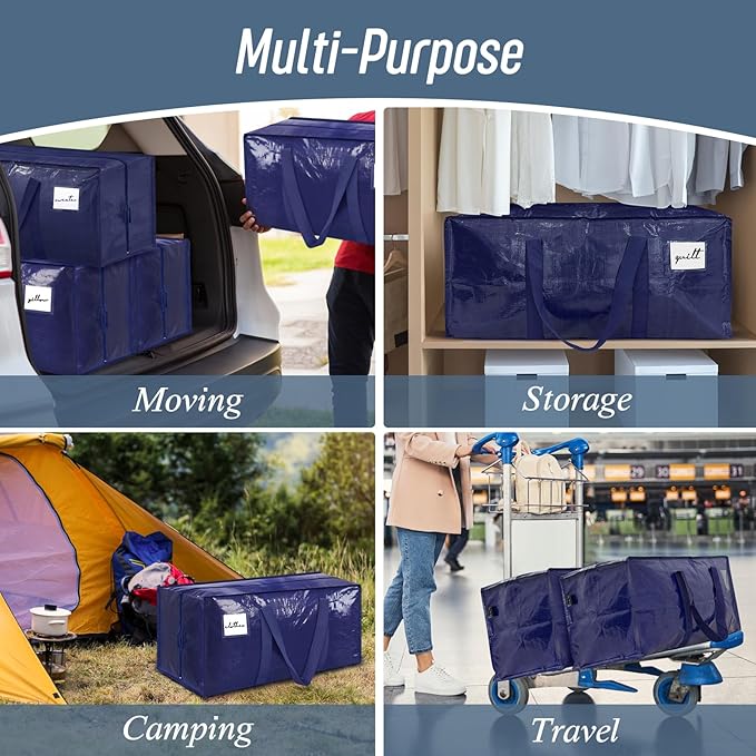 12 Pack Extra Heavy Duty Large Moving Bags with Strong Zipper & Comfortable Handles, Sturdy & Durable Clothes Storage Bags Totes Bins, Packing Moving Boxes for College Supplies, Dark Blue