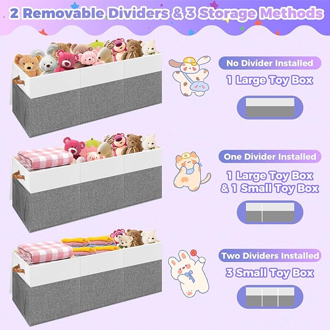 Extra Large Toy Storage Box with Lid, Collapsible Sturdy Toys Chest Storage Organizer Bin Basket with Divider for Kids, Boys, Girls, Closet, Playroom, Bedroom, Nursery, 40"X14"X16", Gray & White