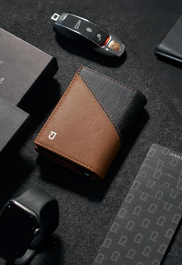Jenoss Smart Wallet For Men: Full Grain Leather, Handcrafted, Slide Metal Pop Up Case, Slim RFID Blocking Credit Card Holder, Compact 12 Cards Slot Organizers, ID, Money Clip(Brown & Black)