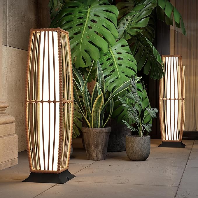 Grand patio 2-Piece Outdoor Floor Lamp Solar Powered Lantern Waterproof Wicker Boho Deck Lights for Garden Porch Decor, Large Taurus