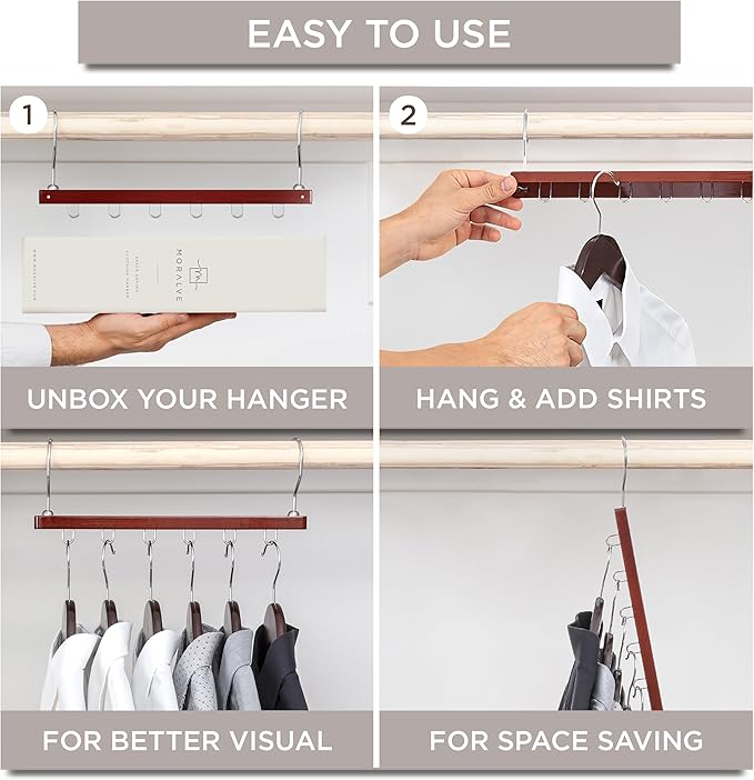 MORALVE Space Saving Hangers for Closet – 4 Pack European Beechwood 6-Tier Shirt Organizer with 360° Swivel Hook – Collapsible Clothes Hanger for Closet Organization (Hangers Not Included)