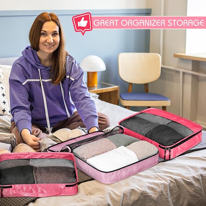 5 Pcs Packing Cubes for Suitcase Large Travel Cubes Carry on Luggage Organizer Bags for Clothes Accessories(L,Pink)