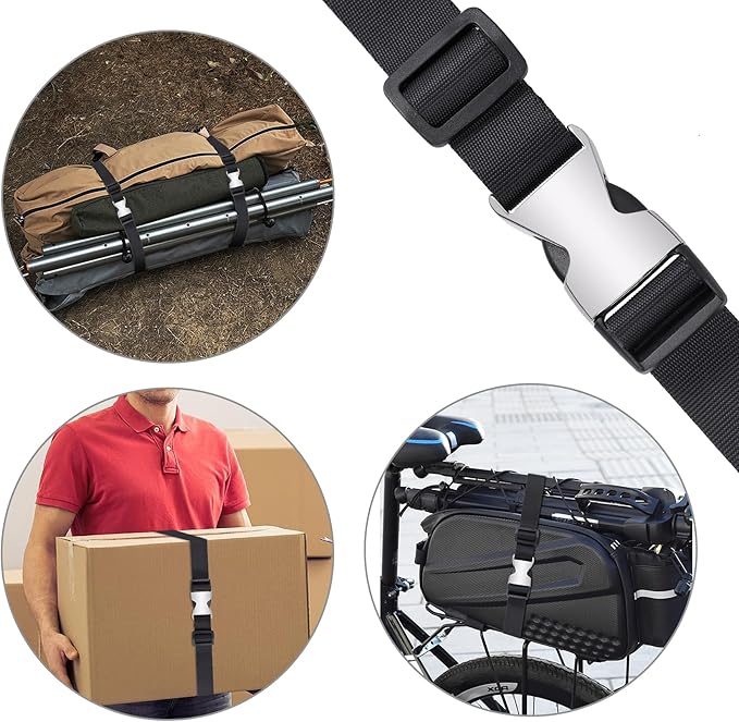 Buckle Straps with Metal Clips, Adjustable Nylon Straps with Buckles, Black 4 Pack (Black-Metal Buckle, 6’x1)
