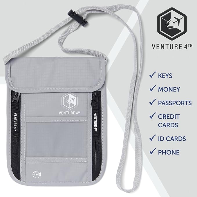 VENTURE 4TH Passport Holder Neck Wallet with RFID Blocking Nylon Lining - Hidden Neck Pouch for Travel (Silver)