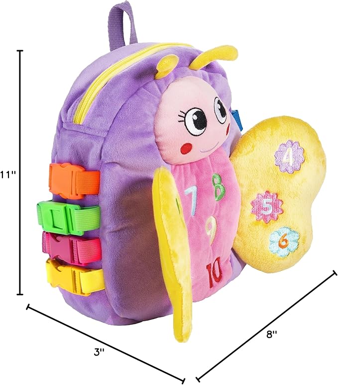 Buckle Toys Blossom Butterfly Toddler Backpack with Buckles and Toddler Learning Activities and Sensory Toys for Toddlers 1-3, Travel Essentials & Road Trip Activities for Fine Motor Skill Development