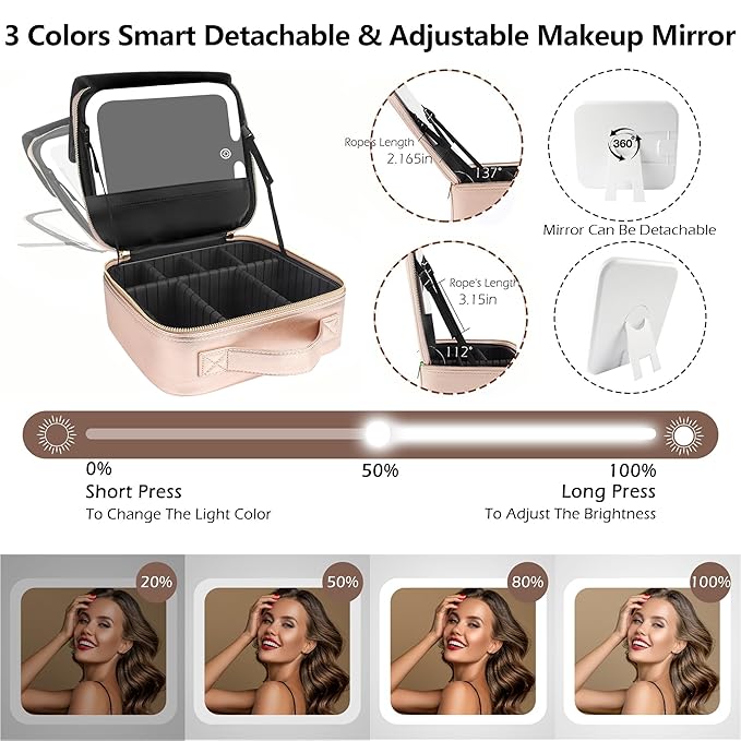 MOMIRA Travel Makeup Bag Cosmetic Bag Makeup Organizer Bag with Lighted Mirror, Adjustable Brightness in 3 Color Scenarios, Waterproof Makeup Train Case, Gift for Women - Champagne