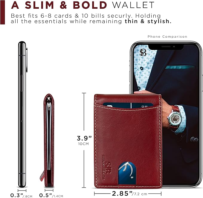 SERMAN BRANDS RFID Blocking Slim Bifold Genuine Leather Minimalist Front Pocket Wallets for Men with Money Clip Thin Mens