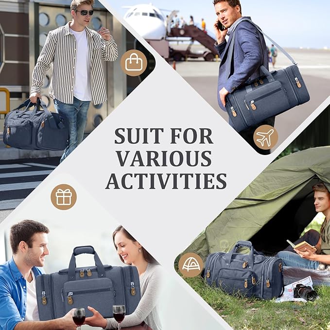 Gonex Canvas Duffle Bag for Travel 60L Expandable Duffel Weekend Overnight Bag men (Denim Blue)