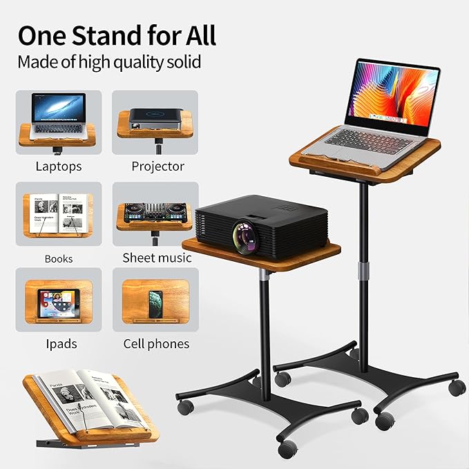 NAMON Laptop Floor Stand with Wheels - 2 in 1 Dual-use Floor & Desk Stand, Solid Wood and Height Adjustable from 16.5" to 51", Stable Small Standing Desk for Office, Home, Study