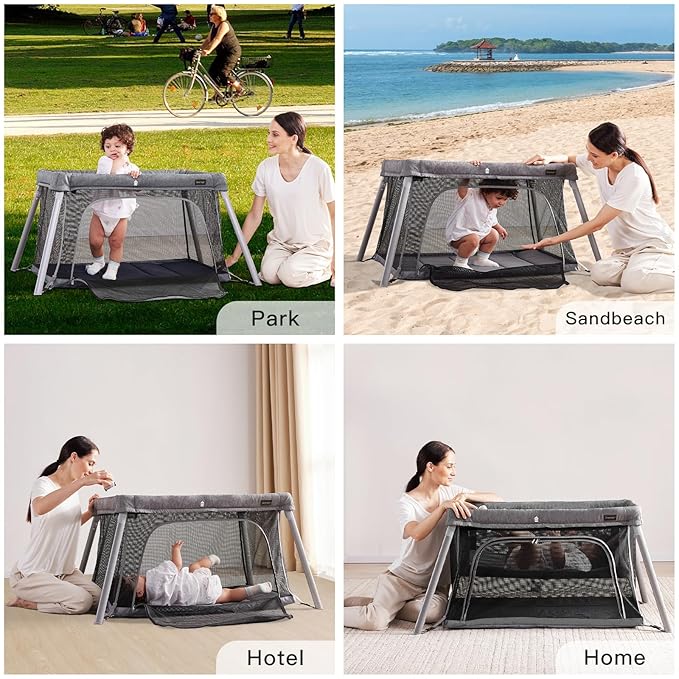 2 in 1 Portable Travel Crib for Toddler, Foldable Crib for Baby, Lightweight Playpen Collapsible Playard with Soft Mattress, Easy to Carry Baby Travel Bed for Outdoor, Indoor (Grey)