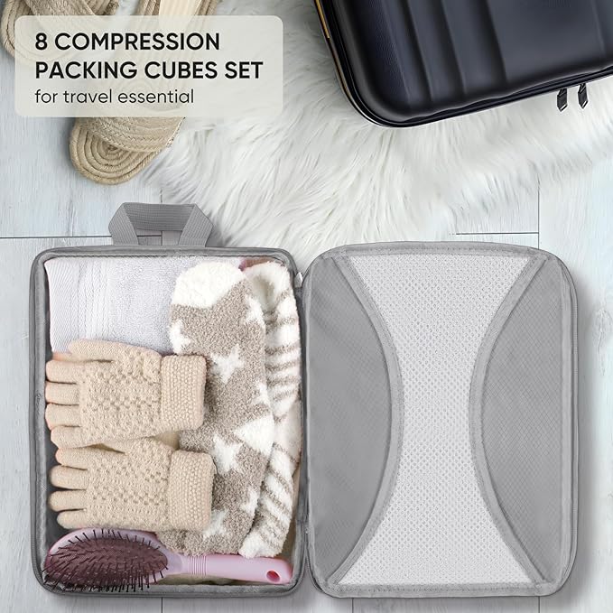 8 Set Compression Packing Cubes for Travel, Packing Cubes Compression Travel Accessories Expandable Packing Organizers for Carry on Luggage Suitcase (Gray)
