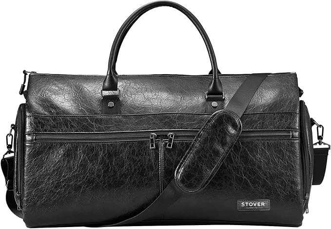 STOVER Garment Travel Duffle Bag, Large 2-in-1 Convertible Carry-on Luggage for Men & Women- Hanging Suits, Dresses & Clothes + Shoe Compartment- Weekender Tote Combo Duffel (Black Leatherette)