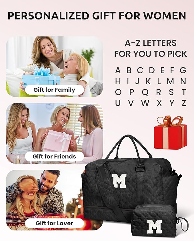 Gifts for Grandma-Initial Duffle Bag with Shoe Compartment, Personalized Weekender Bag, Monogram Overnight Bag, Letter Travel Bag with Makeup Bag,Daughter Friend Gifts (Letter P), Black
