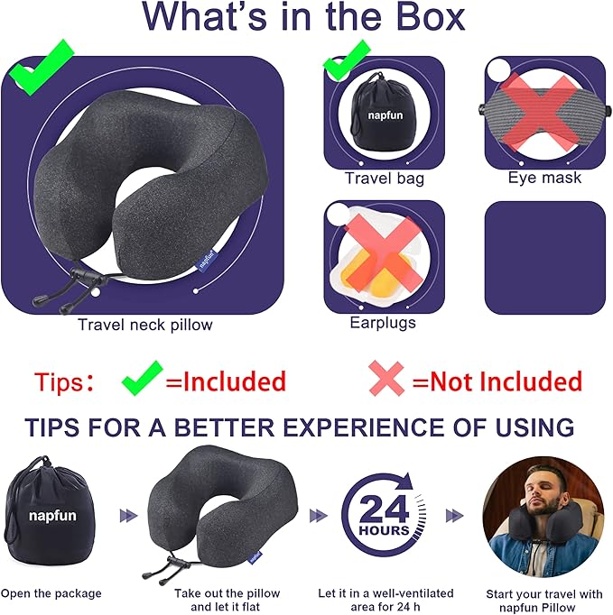 napfun Travel Pillow, Travel Accessories & Travel Essentials for Airplane Upgraded 100% Pure Memory Foam Travel Neck Pillow for Flight Headrest Sleep, Portable Plane Necessities, Full Black