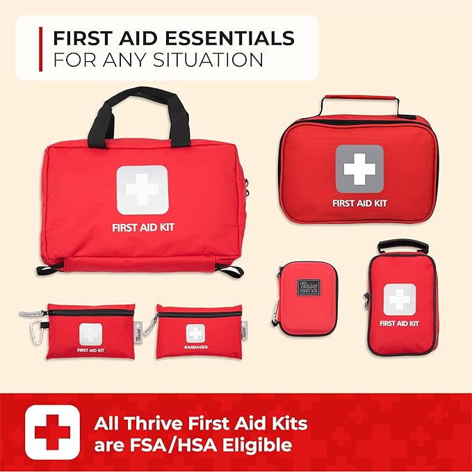 Thrive First Aid Safety Kit - 100-Piece Bag - Waterproof Pouch & Multi-Size Bandages, Wipes & Safety Pins - FSS Approved Products & Flex Spending Approved Items - Health Savings Eligible Products