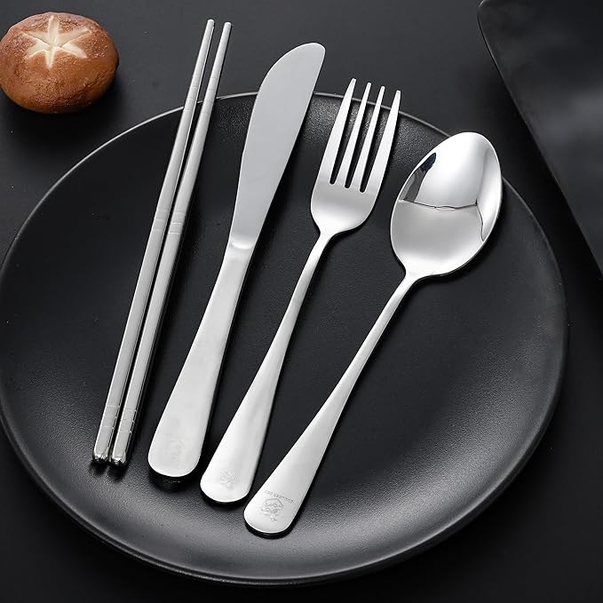 Boulder Bee Travel Utensils Set | Reusable Camping Cutlery Set | Stainless Steel Flatware Set | Portable Silverware Set with Case | Includes Knife/Fork/Spoon/Chopsticks/Cleaning Cloth/Case (Sliver)