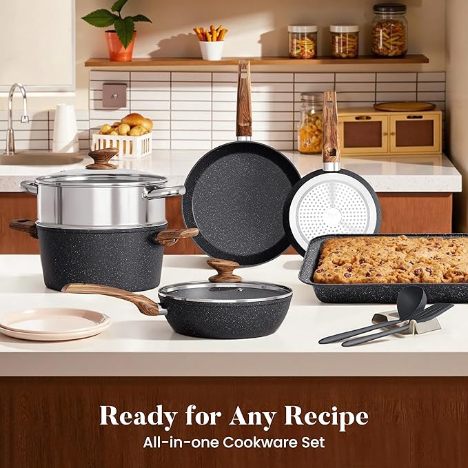Kitchen Academy Induction Cookware Set-17 Piece Non-stick Cooking Pan Set, Black Granite Pots and Pans Set