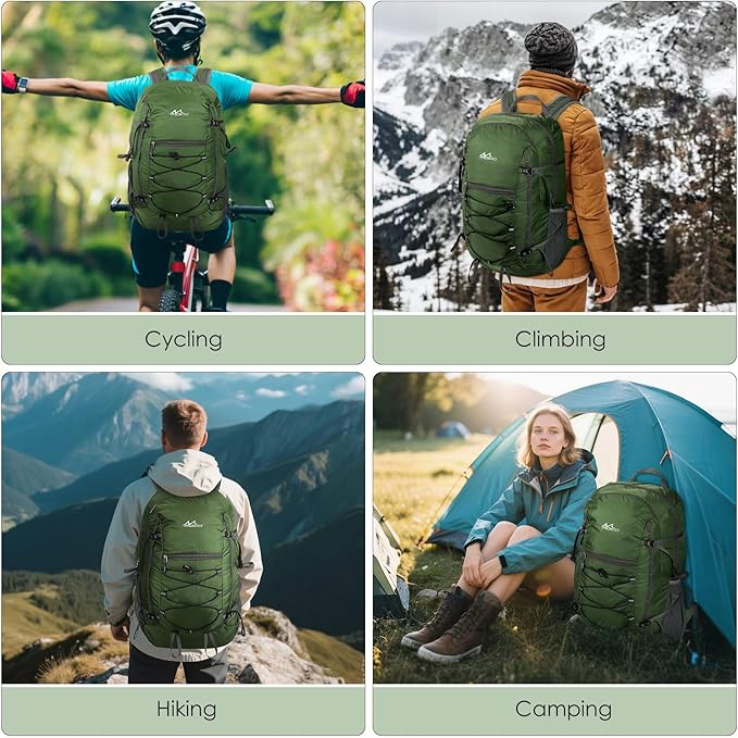 MoKo Hiking Backpack, 40L Large Capacity Camping Backpack with Multiple Pockets, Tear-Resistant Travel Daypack for Men Women, Packable and Lightweight Hiking Daypack for Travel Camping Outdoor, Olive