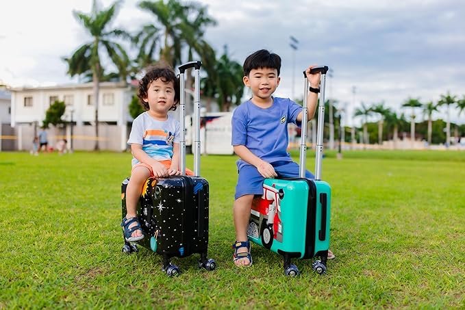 Younglingz LIL FLYER GO Version 2 Ride On Suitcase for Kids | Carry On Luggage with Toddler Seat, Foldable Handlebars, Pedals, and Removable Wheels | Holds up to 80 lbs | FIRETRUCK | Ages 2-6