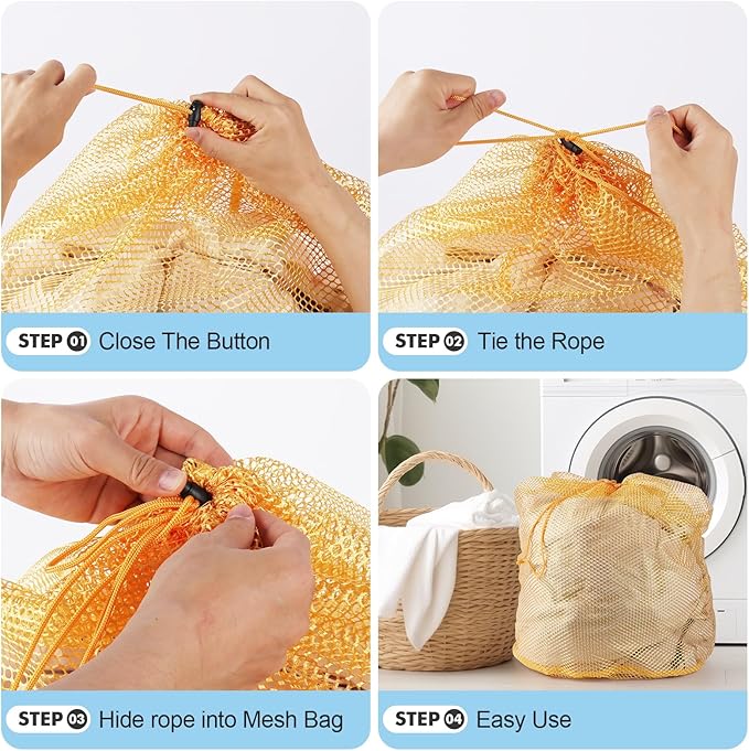 4Pcs Mesh Laundry Bags Washing Machine Mesh Wash Bags for Clothes,Underwear,Lingerie, Bed Linen with Drawstring Closure Sturdy(4 Size, Yellow)