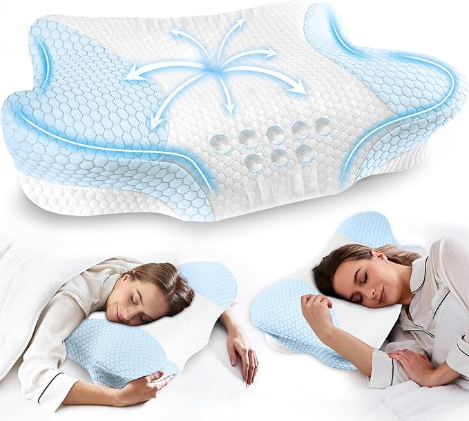 Cervical Neck Pillow for Side Sleeper - Pillows for Neck Pain Relief Memory Foam Neck Support - Blue