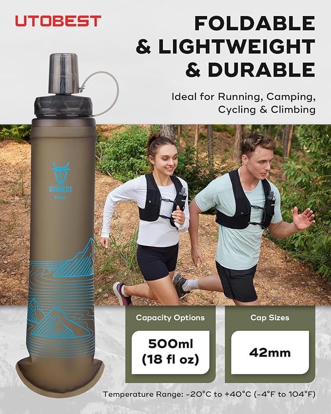 UTOBEST 500ml Soft Flask, 2 Pack Flexible TPU Hydration Water Bottle, Collapsible with 42mm Caliber for Running, Hiking, Cycling, Climbing, and Marathon Blue