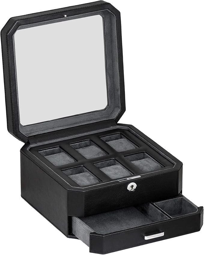 ROTHWELL 6 Slot Leather Watch Box with Valet Drawer - Luxury Watch Case Display Organizer, Microsuede Liner, Locking Mens Jewelry Watches Holder, Men's Storage Boxes With Large Glass Top (Black/Grey)
