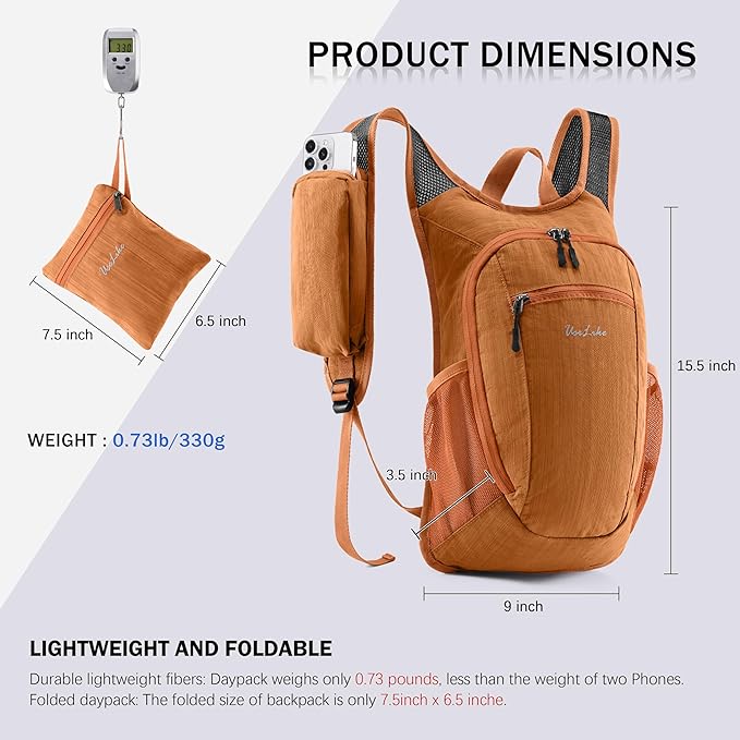 10L Small Hiking Backpack Travel Daypack Lightweight Packable Back Pack for Women Men(Orange)