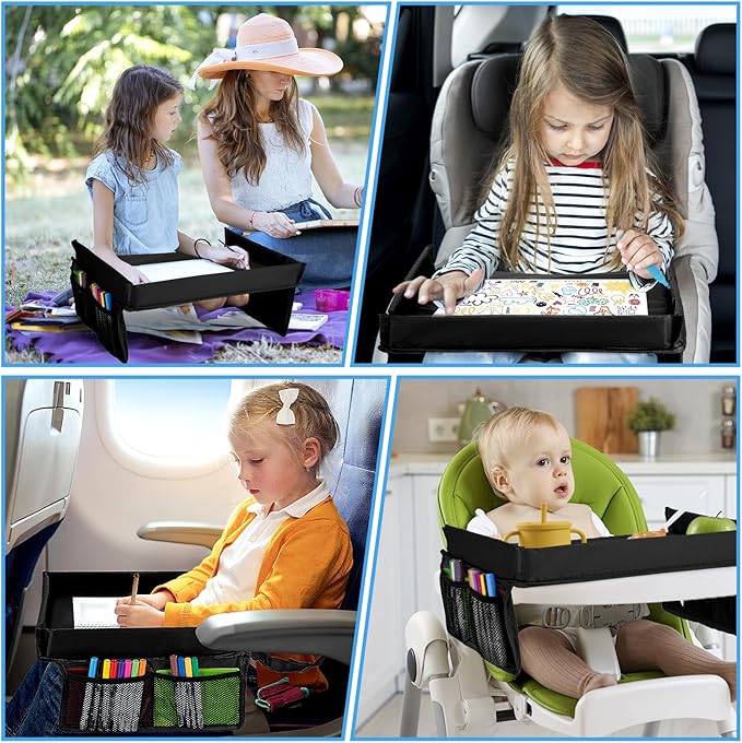 Children Auto Lap Pad - Travel Tray Tablet Holder,Car Seat Lap Tray for Toddlers, Kids,Use on Airplanes, Road Trips, Lap Desk,Tablet Holder and Carry Bag (Black)