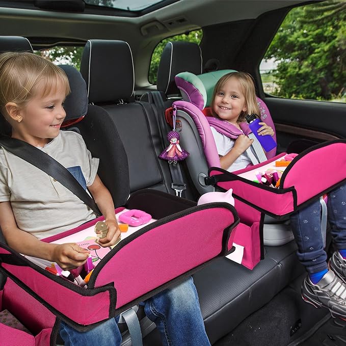 2Pcs Kids Travel Tray, Kids Travel Trays for Car Seat, Road Trip Essentials for Toddler, Carseat Lap Tray with Dry Erase Board & Storage Organizer for Road Trip Activities for Kid, Pink