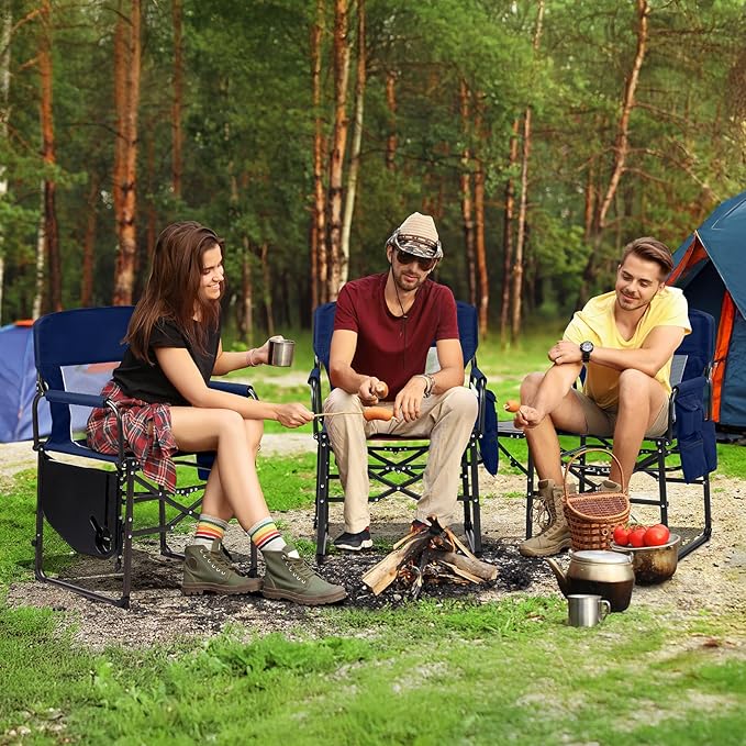 VINGLI Camping Chairs, Directors Chair, Camping Chair with Side Table & Carry Bag,Heavy Duty Camping Chairs for Adults,Portable Folding Camping Chair 2 Pack, for Beach, Fishing,Trip,Picnic,Lawn-Blue