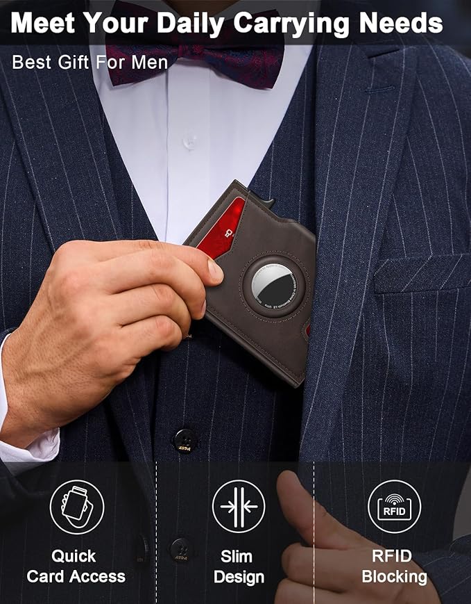 Airtag Wallet for Men, Minimalist Slim Mens Wallet Smart Pop Up Credit Card Holder for 9-13 Cards, RFID Blocking Wallet with ID Window & Cash Slot, Compact Bifold Metal Aluminum Card Case