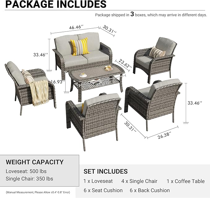 HOOOWOOO Patio Furniture Set,6 Pieces Outdoor Conversation Set,All Weather Wicker Loveseat Sofa Set with High Back Chairs Table,Dark Gray